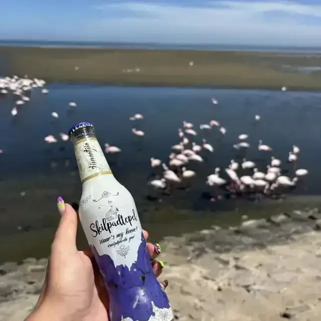 Hand hou 'n Skilpadtepel bottel met 'n strand en flaminke in die agtergrond